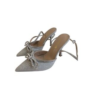 Wedding Prom Heels Shoe Dream.PAIRS Silver Glitter Bow Ankle Strap  Pumps Sz 8‎
